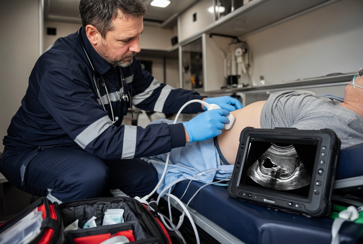 A doctor performing an ultrasound on a patient
Description automatically generated