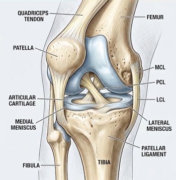 Labeled anatomy of the knee showing the patella, quadriceps tendon, patellar ligament, femur, tibia, fibula, MCL, PCL, LCL, medial and lateral menisci, and articular cartilage